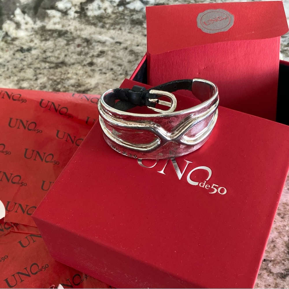COPY - Uno de 50 silver plate and leather cuff bracelet.  Never worn